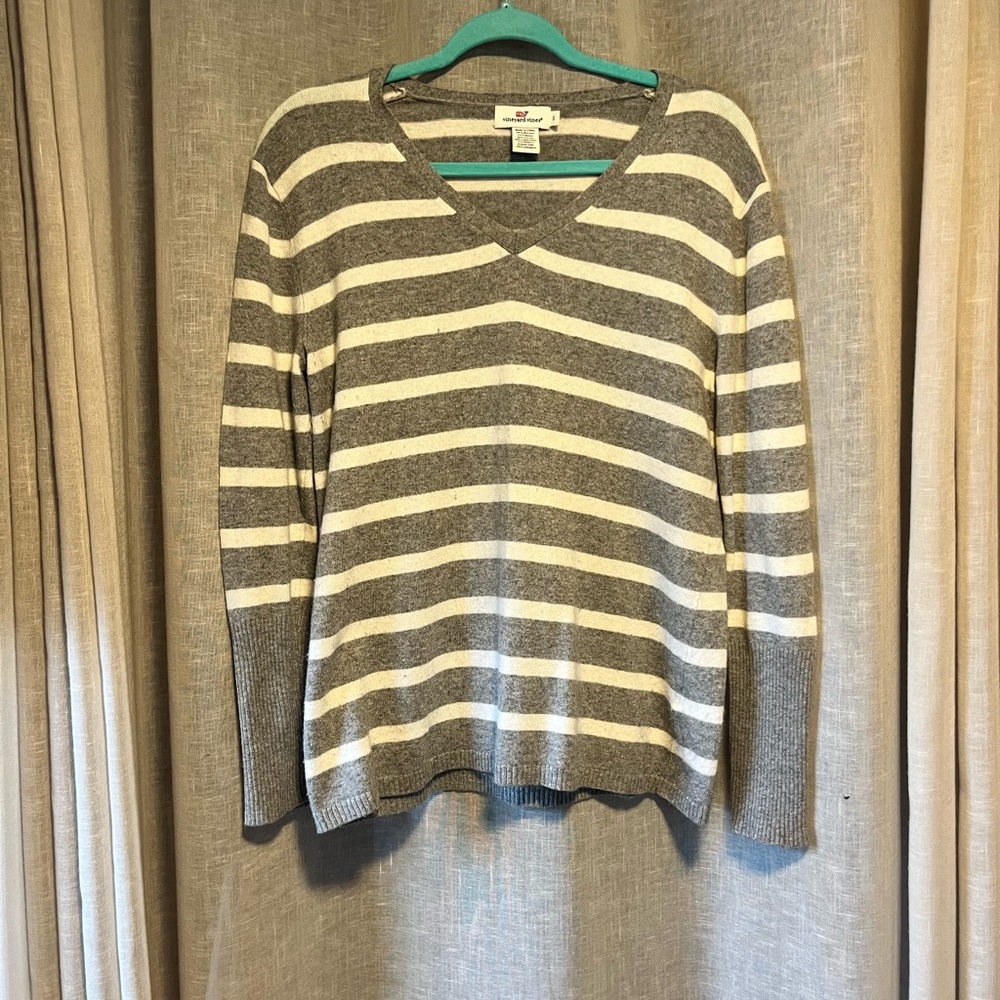 Vineyard Vines Gray and White Striped V-Neck Sweater